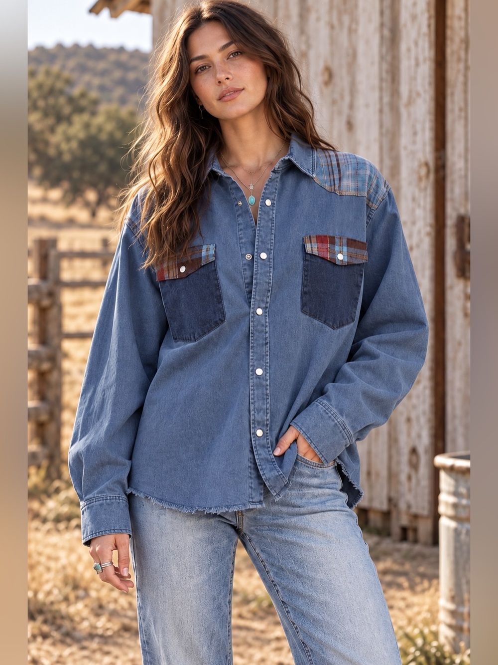 #156 New! Easel Button Down Plaid Shacket